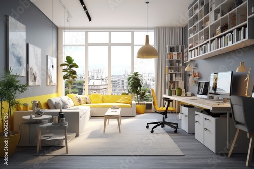 offices and coworking space collaboration white yellow and grey colors generative ai © RamvijayB
