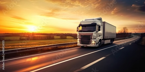 Cargo Truck on the Open Road at Sunset. Trucking Business in Motion