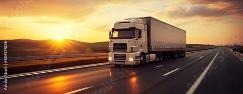 Cargo Truck on the Open Road at Sunset. Trucking Business in Motion