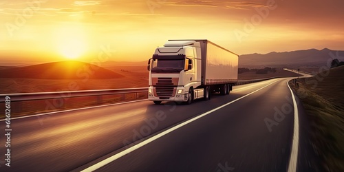 Cargo Truck on the Open Road at Sunset. Trucking Business in Motion © Thares2020