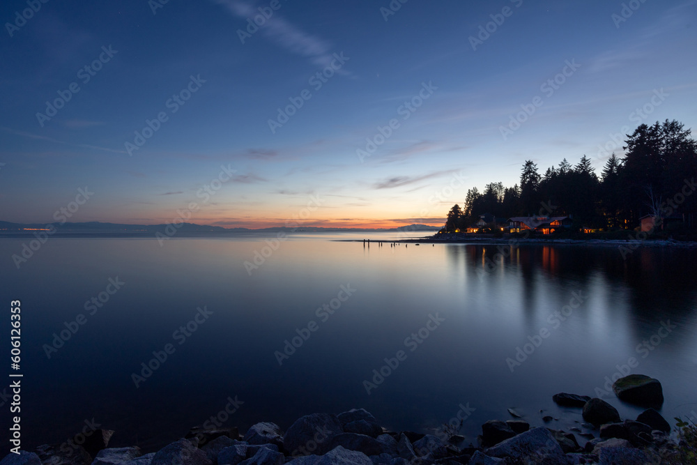 Roberts Creek at sunset, dusk or twilight on the Salish Sea, BC Canada travel and tourism