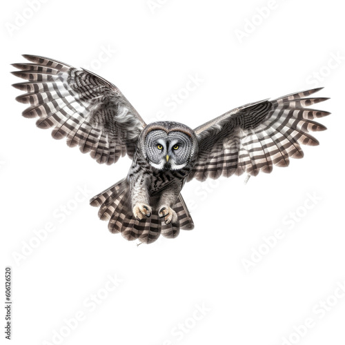 a Great-Grey Owl, in flight, front view, a nocturnal bird of prey, piercing eyes, Nature-themed, photorealistic illustrations in a PNG, cutout, and isolated. Generative AI