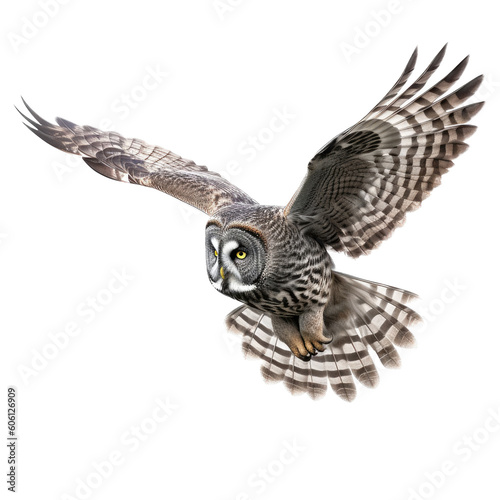 a Great-Grey Owl, in flight, 3/4 view, a nocturnal bird of prey, piercing eyes, Nature-themed, photorealistic illustrations in a PNG, cutout, and isolated. Generative AI