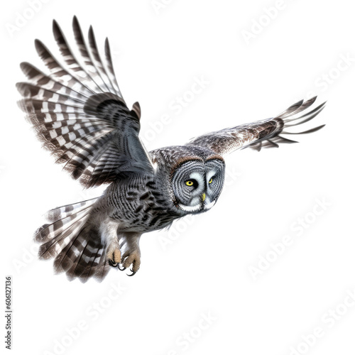 a Great-Grey Owl, in flight, 3/4 view, a nocturnal bird of prey, piercing eyes, Nature-themed, photorealistic illustrations in a PNG, cutout, and isolated. Generative AI