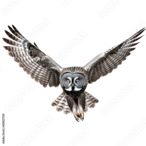 a Great-Grey Owl, in flight, 3/4 view, a nocturnal bird of prey, piercing eyes, Nature-themed, photorealistic illustrations in a PNG, cutout, and isolated. Generative AI