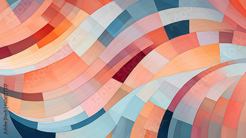 illustration image of a modern abstract pattern with complementary colors and pastel hues. Geometric lines intersect and overlap to create a vibrant and dynamic composition