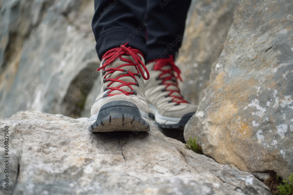 Wandern - Nahaufnahme Füße mit Schuhen auf einen Felsen oder Berg