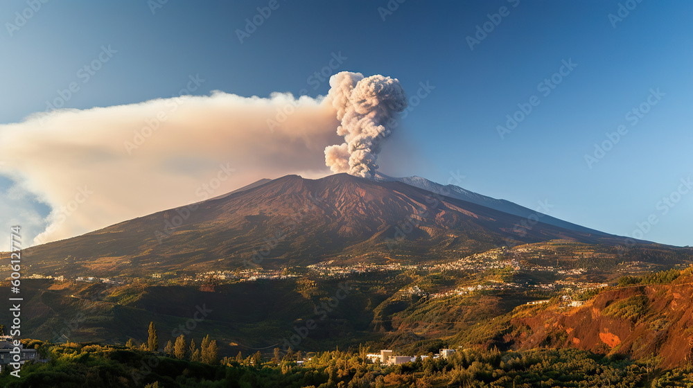 Volcano Etna in Sicily, Italy at sunset. Panoramic view. Generative AI.