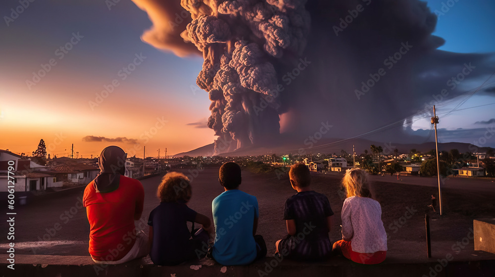 Group of children watching the eruption of volcano Etna, Sicily, Italy. Generative AI.