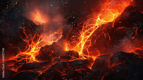 Burning lava in the crater of a volcano. Generative AI.