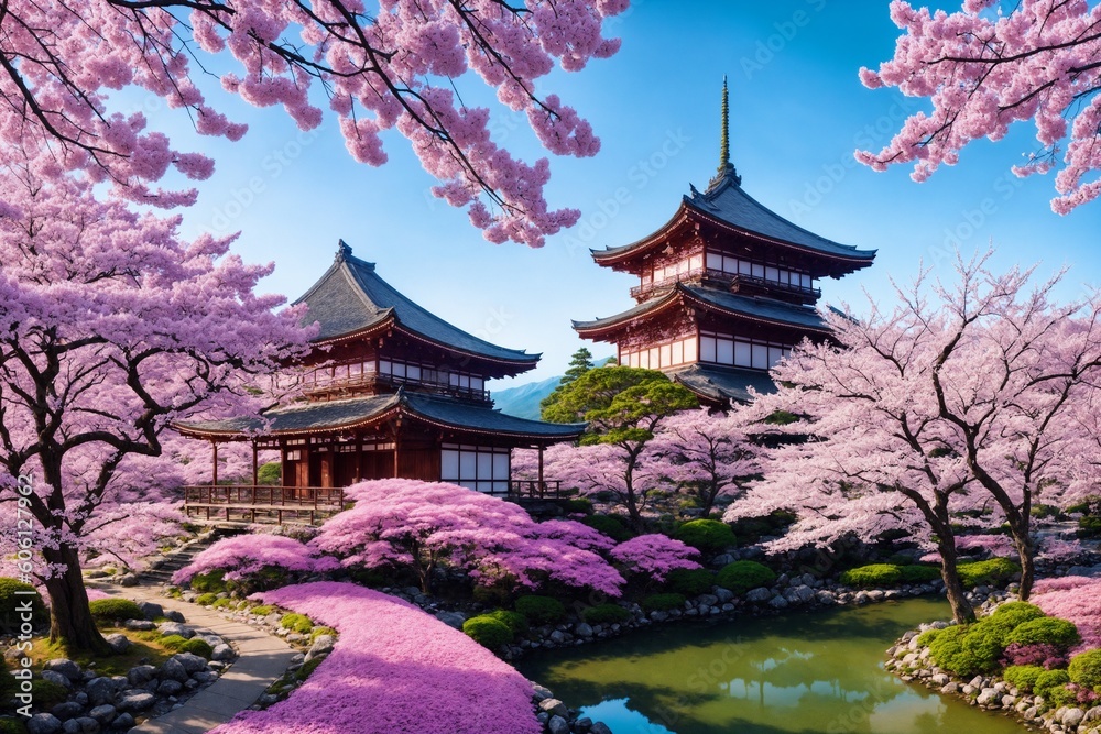 Obraz premium Sakura blossoms in japanese style ornamental garden, beautiful landscape. Generative AI.