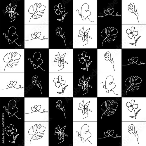 one line flowers pattern black&white