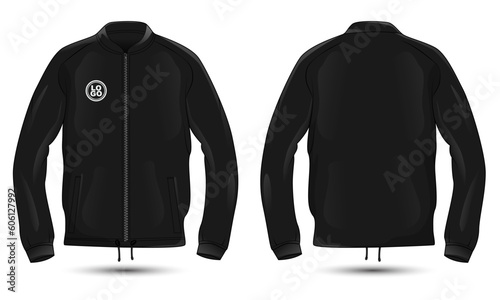 Black zipper casual jacket mockup, front and back view