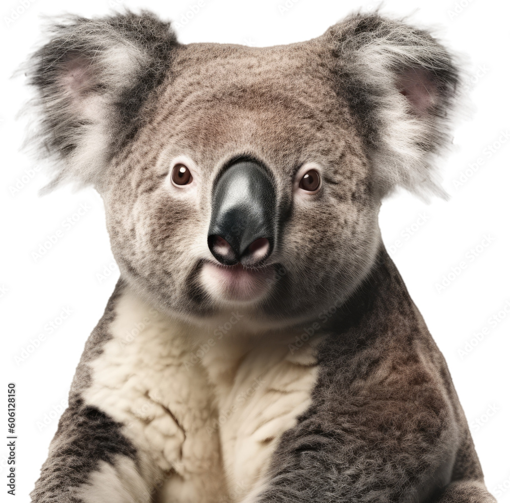 Naklejka premium Cose up portrait of an australian koala bear isolated on a white background, generative AI animal