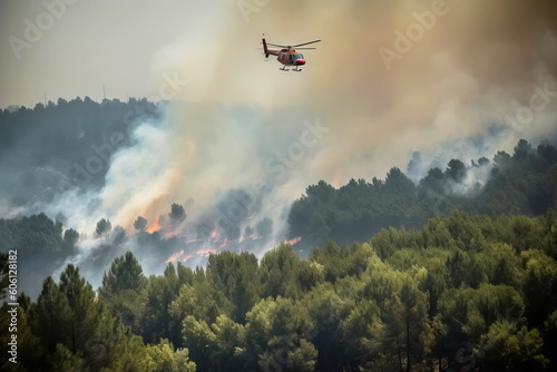 Firefighter helicopter extinguishes forest fire. Generative AI illustration