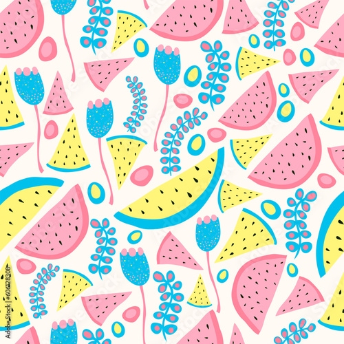  watermelon and abstract jungle leaves and flowers seamless vector repeat pattern. pink, blue and yellow watermelon and flowers seamless vector pattern.