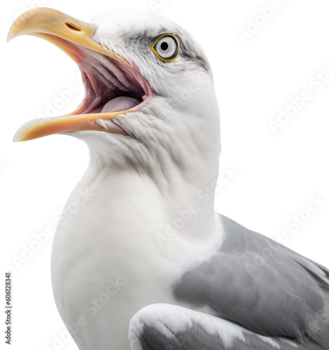 Screaming sea gull isolated on a white or transparent background as PNG, generative AI animal photo