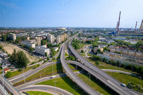 Kliniczna node - a traffic interchange in Gdańsk, in the Młyniska district, on Kliniczna Street, aerial photo © blesz