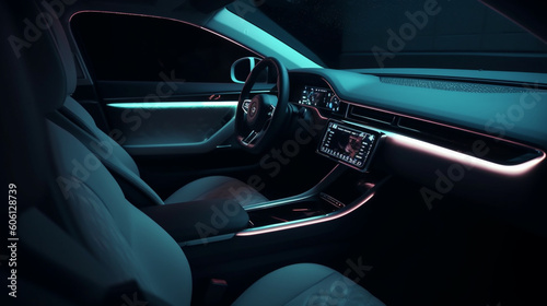 interior of a car, car interior in a luxurious gray color with neon lights, generative ai