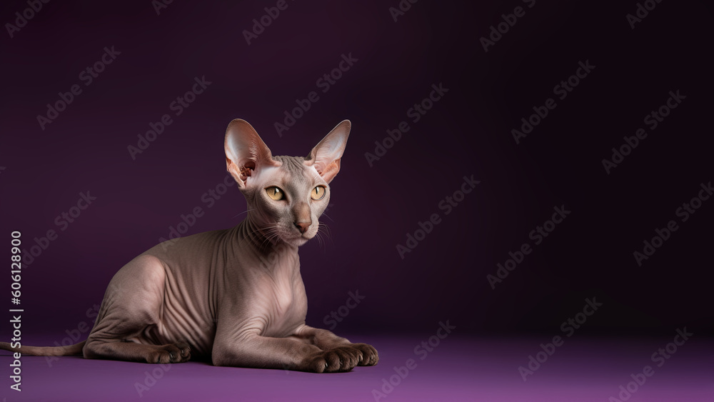 Peterbald cat post on purple background with copyspace (Generative AI) Peterbald cat post on purple background with copyspace (Generative AI)