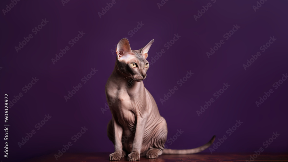 Peterbald cat post on purple background with copyspace (Generative AI)