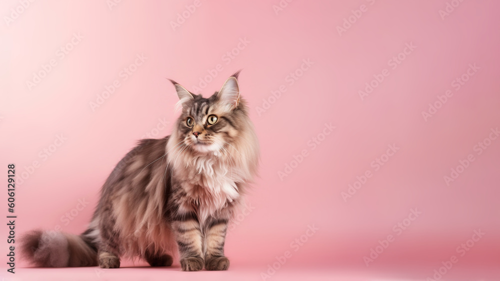 American Bobtail cat post on pink background with copyspace (Generative AI)
