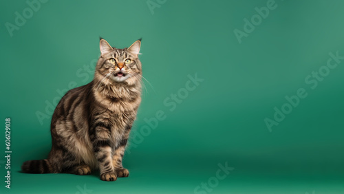 American Bobtail cat post on green background with copyspace (Generative AI)