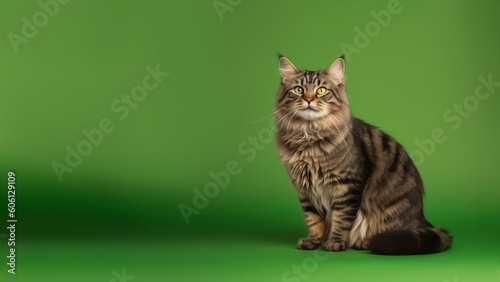 American Bobtail cat post on green background with copyspace (Generative AI)