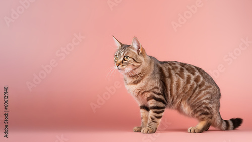 Genetta cat post on pink background with copyspace (Generative AI)