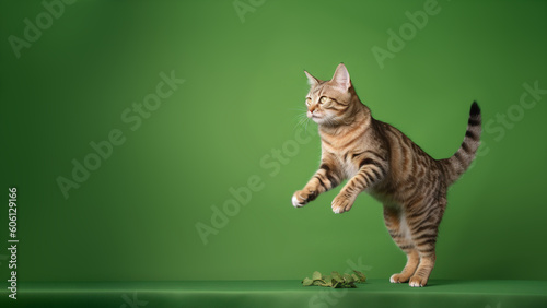Genetta cat post on green background with copyspace (Generative AI) photo