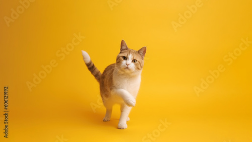 Kinkalow cat post on yellow background with copyspace (Generative AI)