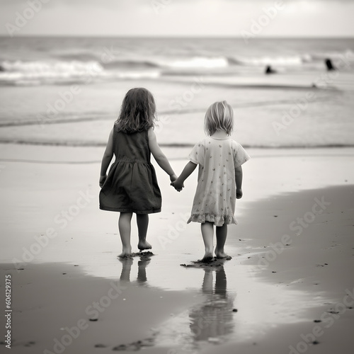 Hand in Hand: Two Girls Walking towards the Sea of Friendship