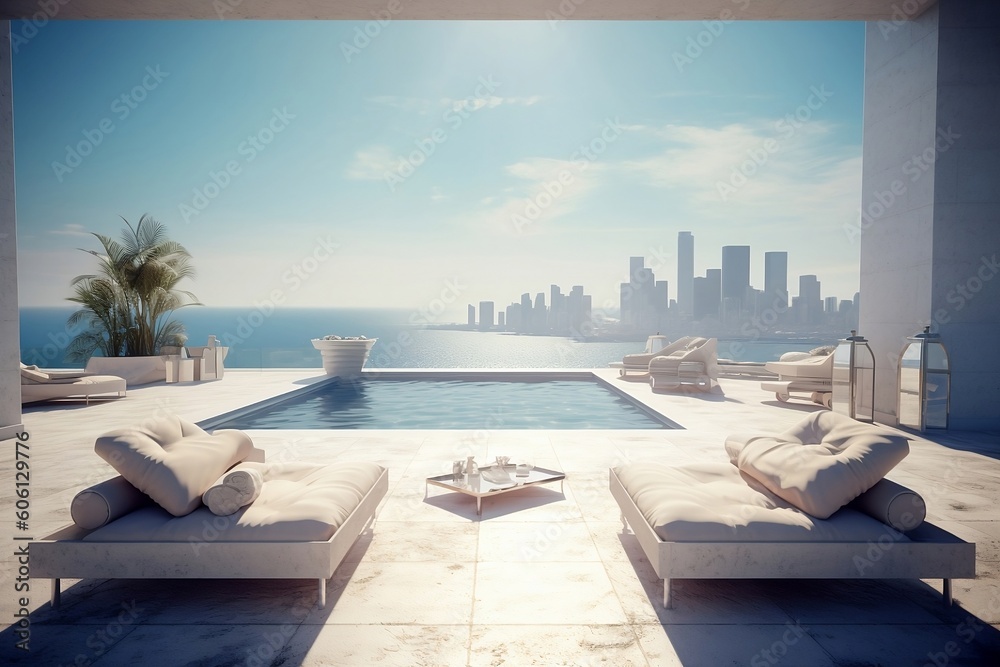Fototapeta premium Luxury sea view apartment terrace with a swimming pool. Modern interior design. Sun loungers, bushes. Beautiful hotel terrace. Summer vacation, holiday. AI Generative.