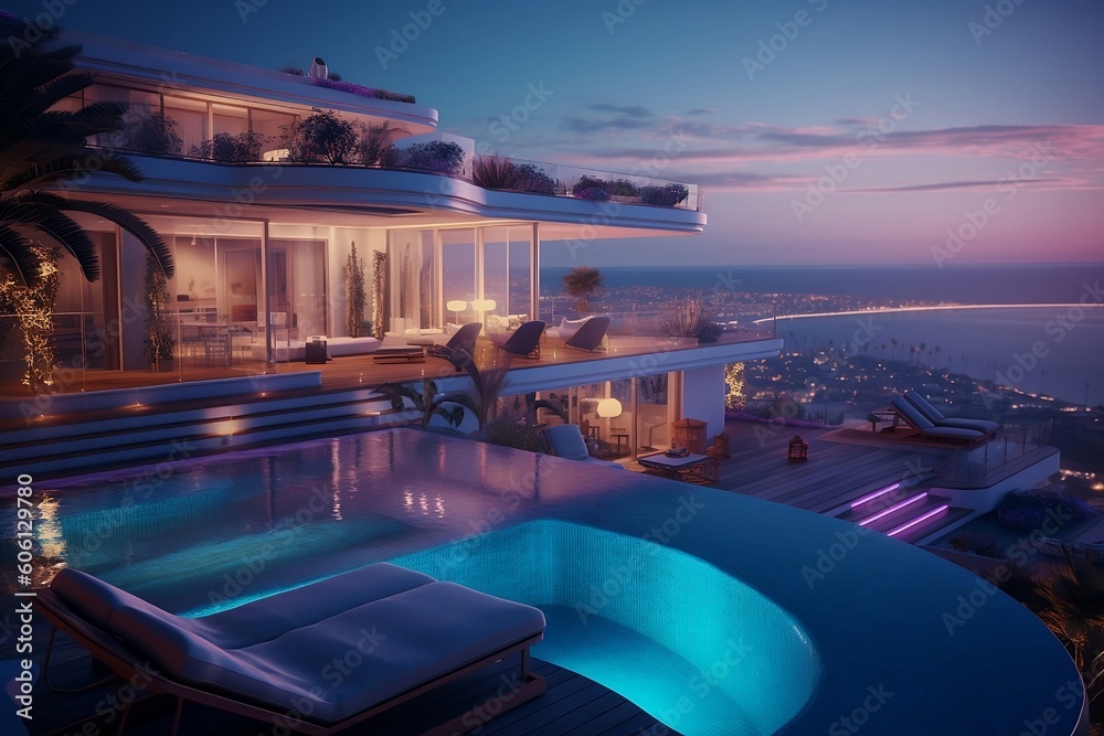Obraz premium Luxury sea view apartment terrace with a swimming pool, loungers, and neon backlights in the evening. Modern interior design. Beautiful hotel terrace. Summer vacation, holiday. AI Generative.