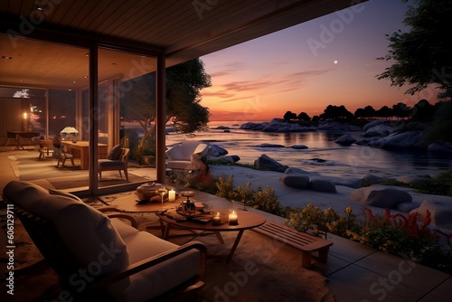 Coastal terrace on the sunset. Modern interior design. Outdoor lounge zone in the villa on the seaside. Summer vacation, holiday. AI Generative.