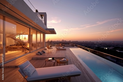 Luxury apartment terrace in the city with a swimming pool and sun loungers on the sunset. Modern interior design. Beautiful hotel terrace for relaxation. Summer vacation, holiday. AI Generative.