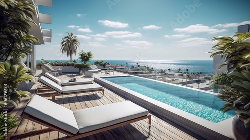 Luxury sea view apartment terrace with a swimming pool. Modern interior design with white sun loungers, trees, bushes. Beautiful hotel terrace for relaxation. Summer vacation, holiday.  AI Generative. © Olena Druz