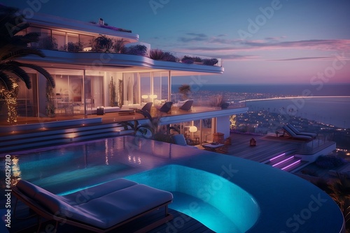 Luxury sea view apartment terrace with a swimming pool, loungers, and neon backlights in the evening. Modern interior design. Beautiful hotel terrace. Summer vacation, holiday. AI Generative.