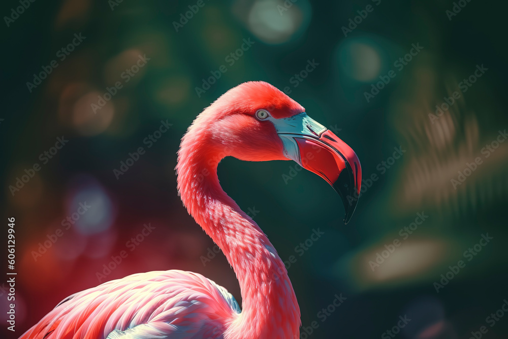 Obraz premium Pink flamingo wearing summer sunglasses. Summer background. AI Generated.