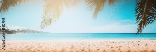 a palm tree, sand and sun on a sunny beach. AI Generated.