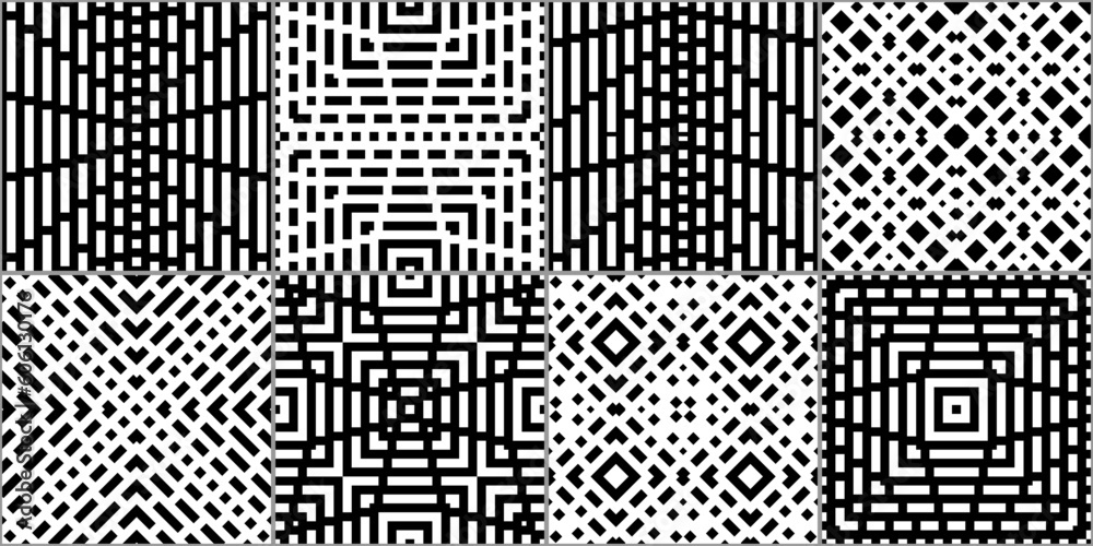 Fototapeta premium Checks, squares, rectangles, strokes, crosses seamless patterns collection. Geometrical ethnic ornaments set. Tribal backgrounds kit. Folk prints. Patchwork motif. Abstract images. Vectors bundle
