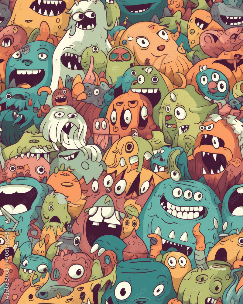 Fototapeta premium Seamless Background for your Design with Different Cartoon Monsters, Colorful Tile Pattern with Cute Funny Characters. AI generated image.