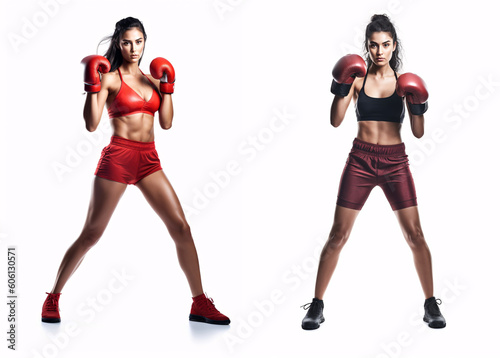 Sporty fit latin woman during boxing exercise making hit. Boxer isolated on white background. Strength and motivation. Generative Ai.