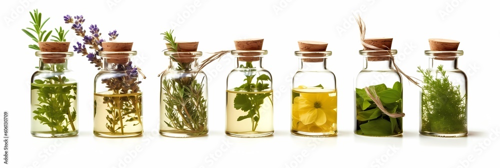 Herb oil bottles of homeopathy herbs. Generative AI. Isolated on white background - obrazy, fototapety, plakaty 