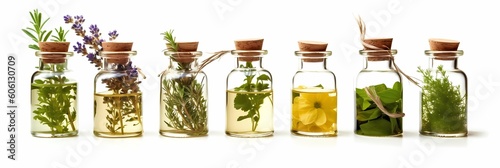 Herb oil bottles of homeopathy herbs. Generative AI. Isolated on white background photo