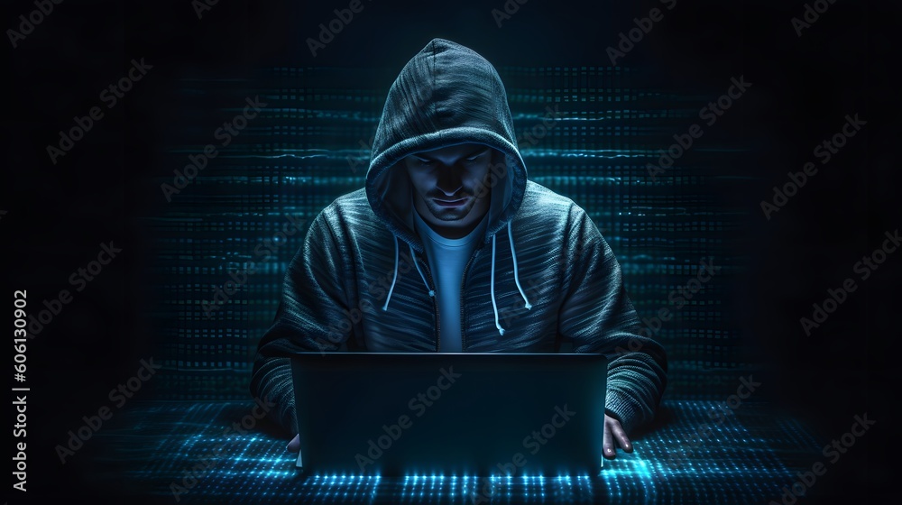 Internet privacy theft lurking in background. Anonymous hacker. Cyberpunk future. Cybersecurity breach. Generative Ai. Internet privacy theft lurking in background. Anonymous hacker. Cyberpunk future. Cybersecurity breach. Generative Ai.