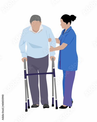 Elderly care. Old people. Aged seniors nurse care. Seniors. Nurse helping old man patient with crutch for walking. Vector illustration. 