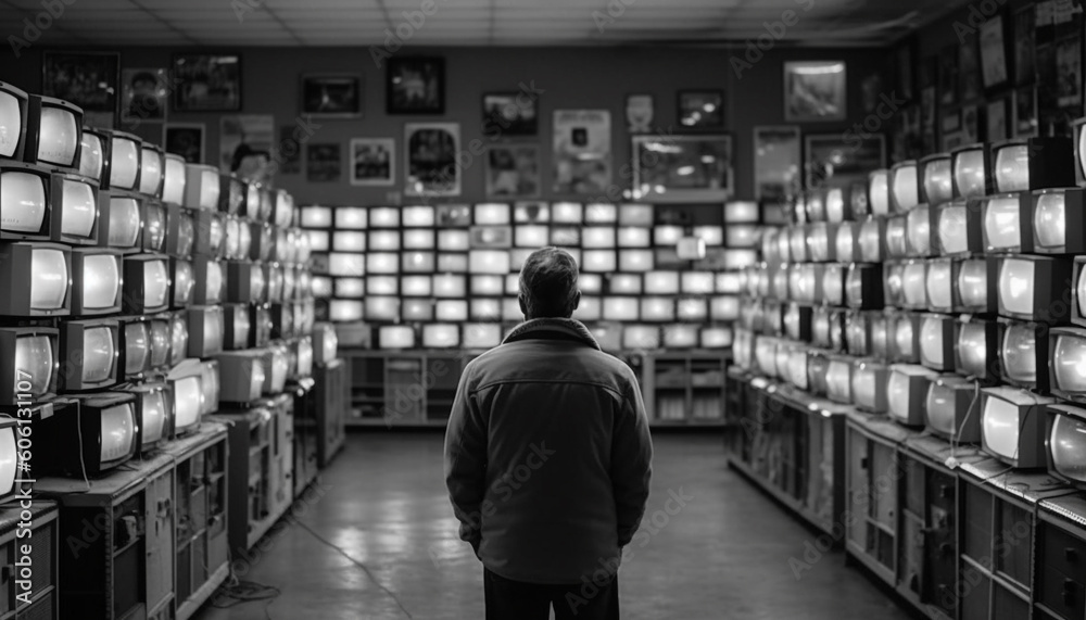 One man standing, choosing wine in store generated by AI One man standing, choosing wine in store generated by AI