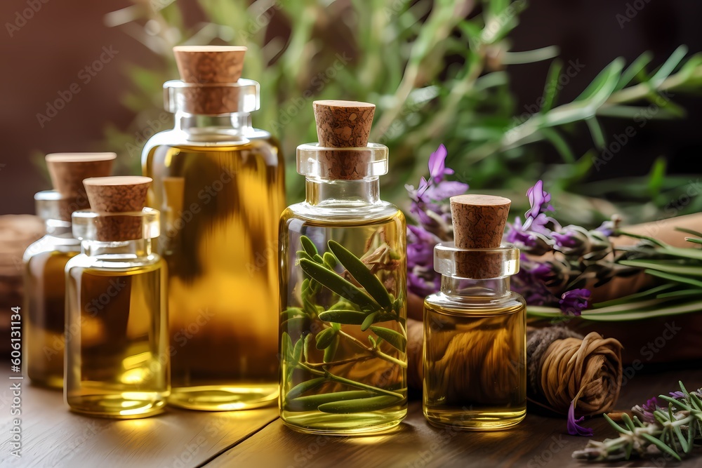 Herb oil bottles of homeopathy herbs. Generative AI. Herb oil bottles of homeopathy herbs. Generative AI.