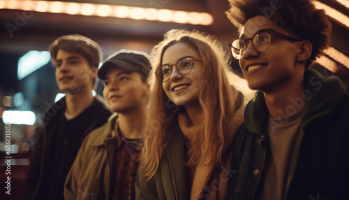 Young adults smiling, enjoying nightlife at club generated by AI